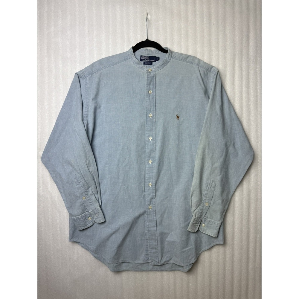 Polo Ralph Lauren POSTBOY Denim Grandad Collar Blue Button Down Shirt L Vintage